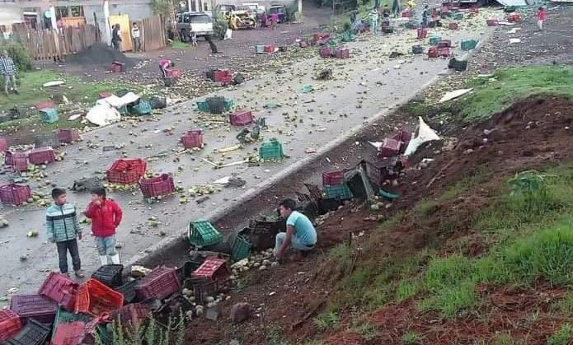 Vuelca tráiler cargado de mangos en la Uruapan Carapan