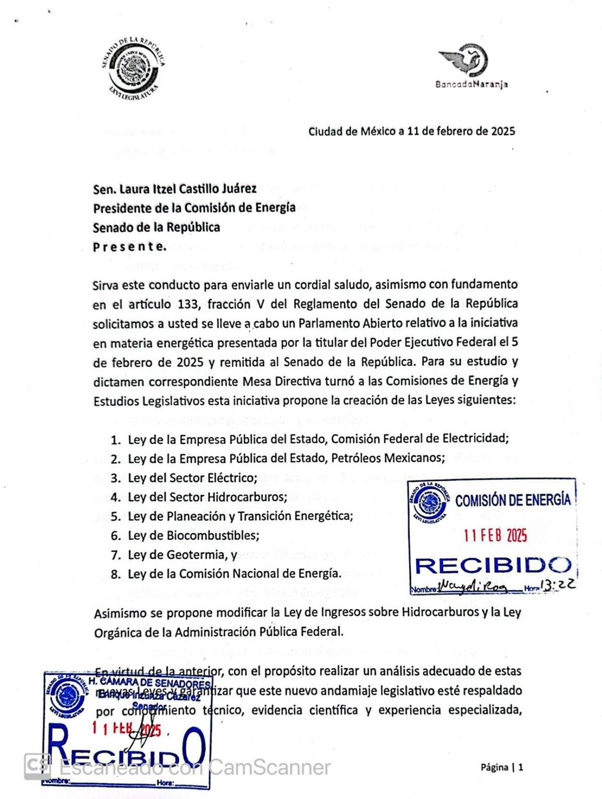 Pedirá MC en Senado parlamento abierto para leyes en materia energética