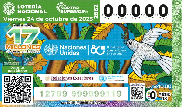 Construyendo nuestro futuro en conjunto: 80 años de México en la ONU y de la ONU en México, el lema del billete.