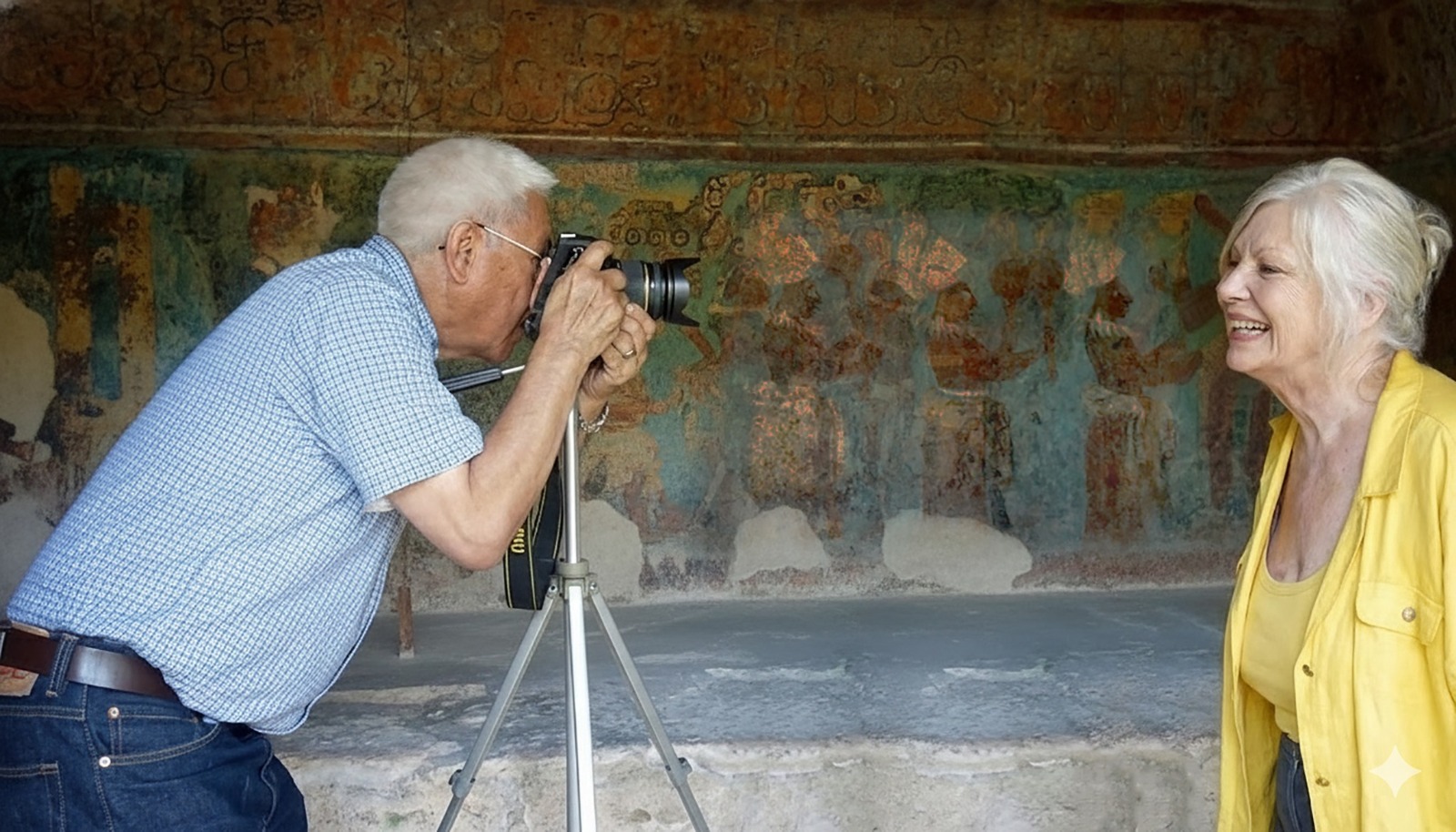 Antonio Caballero fotografía a Brigita a la puertas del templo de Bonampak. (Foto: Alberto Carbot)