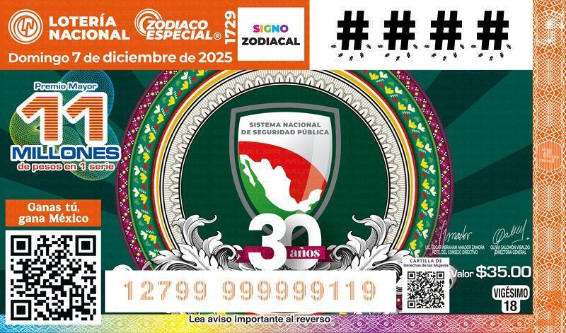 El Sorteo Zodíaco Especial 1729, en honor al SNSP, ofrecerá un Premio Mayor de 11 millones de pesos y una bolsa total de premios de 43 millones de pesos.
