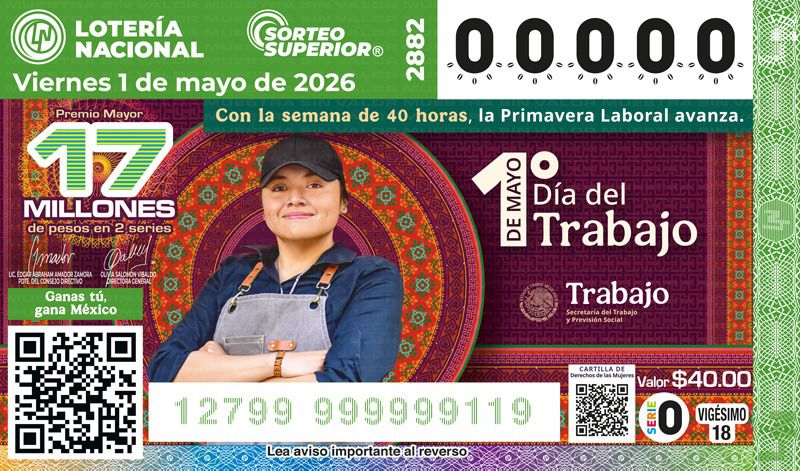 l Sorteo Superior No. 2882 habrá un Premio Mayor de 17 millones de pesos en dos series. Contiene una bolsa repartible de 51 millones de pesos en premios y se celebrará el viernes 01 de mayo del 2026, a las 20:00 horas
