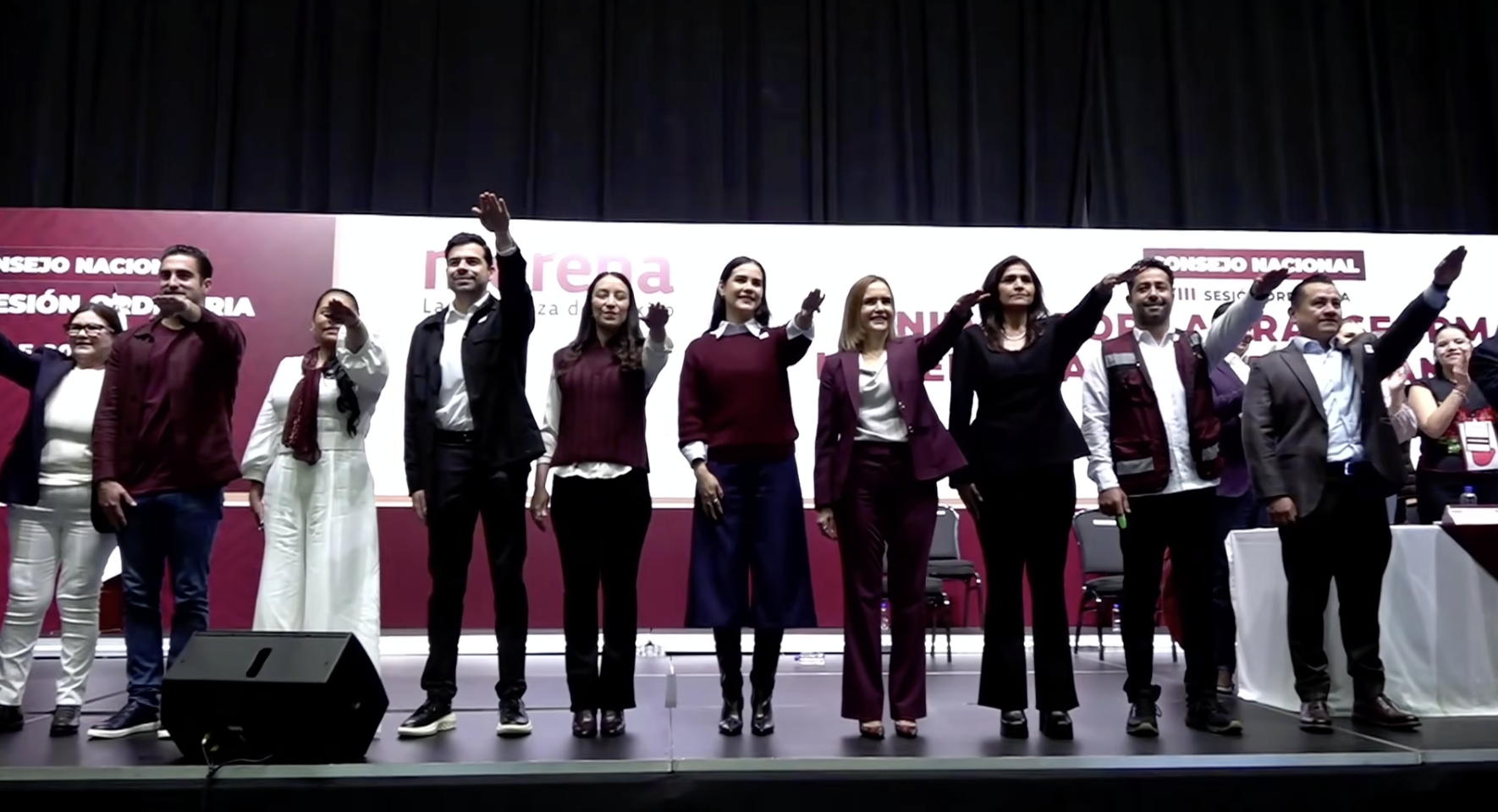 Coordinadores estatales de Morena rinden protesta con el brazo derecho levantado durante la sesión del Consejo Nacional del partido